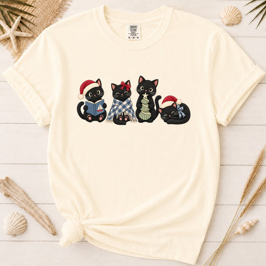 Coastal Christmas Black Cats Graphic Tee