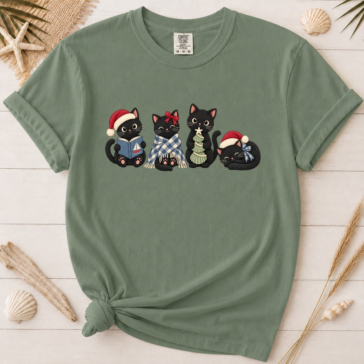 Coastal Christmas Black Cats Graphic Tee