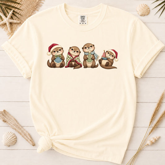 Cute Coastal Christmas Otters Graphic Tee