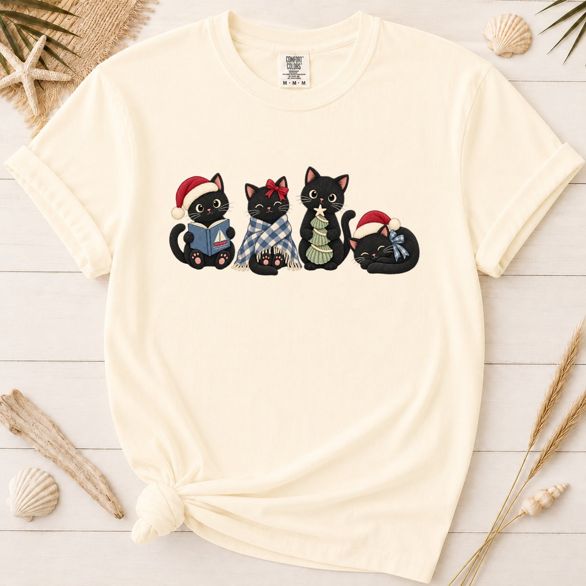 Coastal Christmas Black Cats Graphic Tee