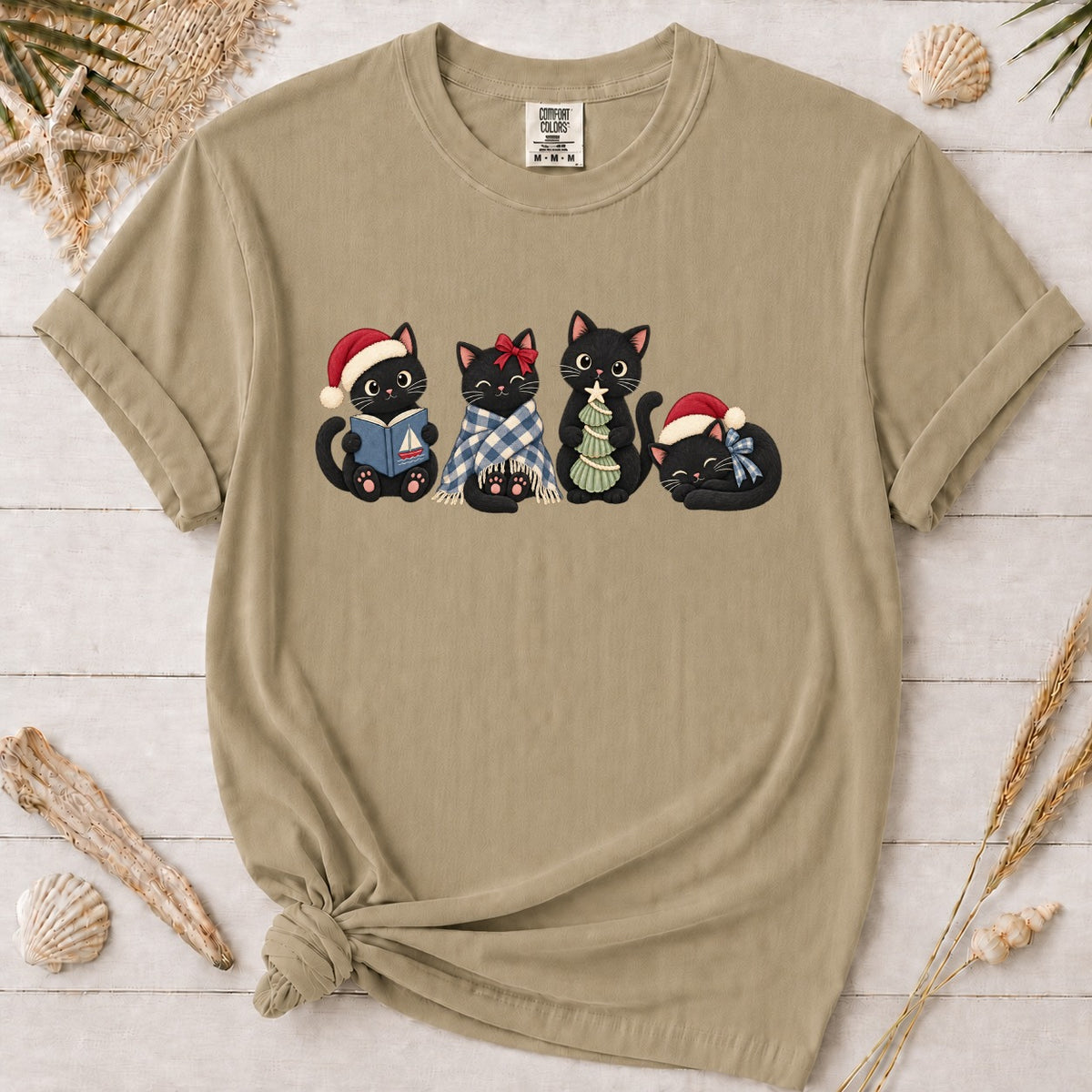 Coastal Christmas Black Cats Graphic Tee