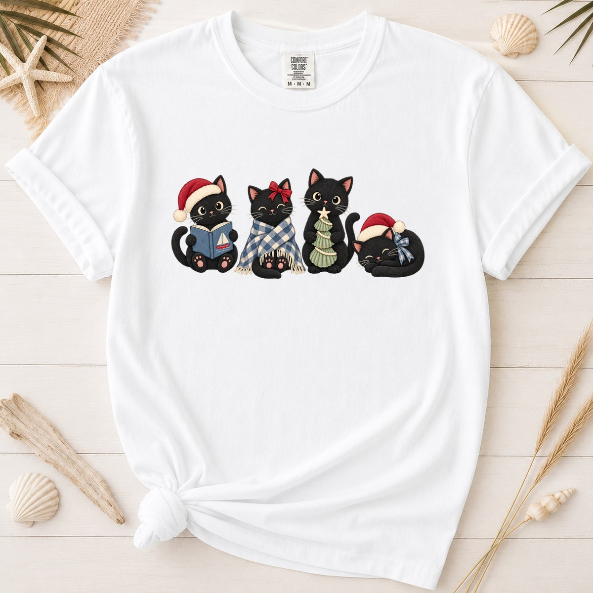 Coastal Christmas Black Cats Graphic Tee