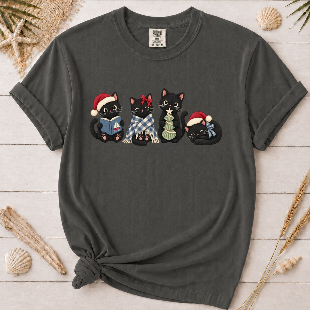 Coastal Christmas Black Cats Graphic Tee