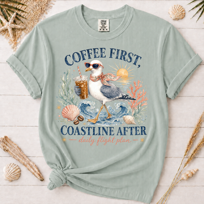 Coffee First, Coastline After Funny Seagull Graphic Tee